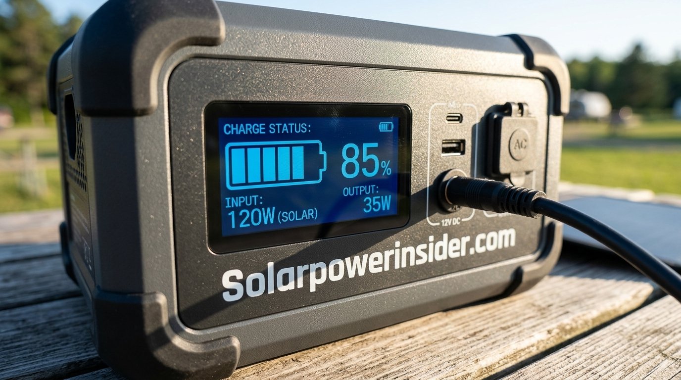Close-up of a solar generator battery pack with LED display showing charge status
