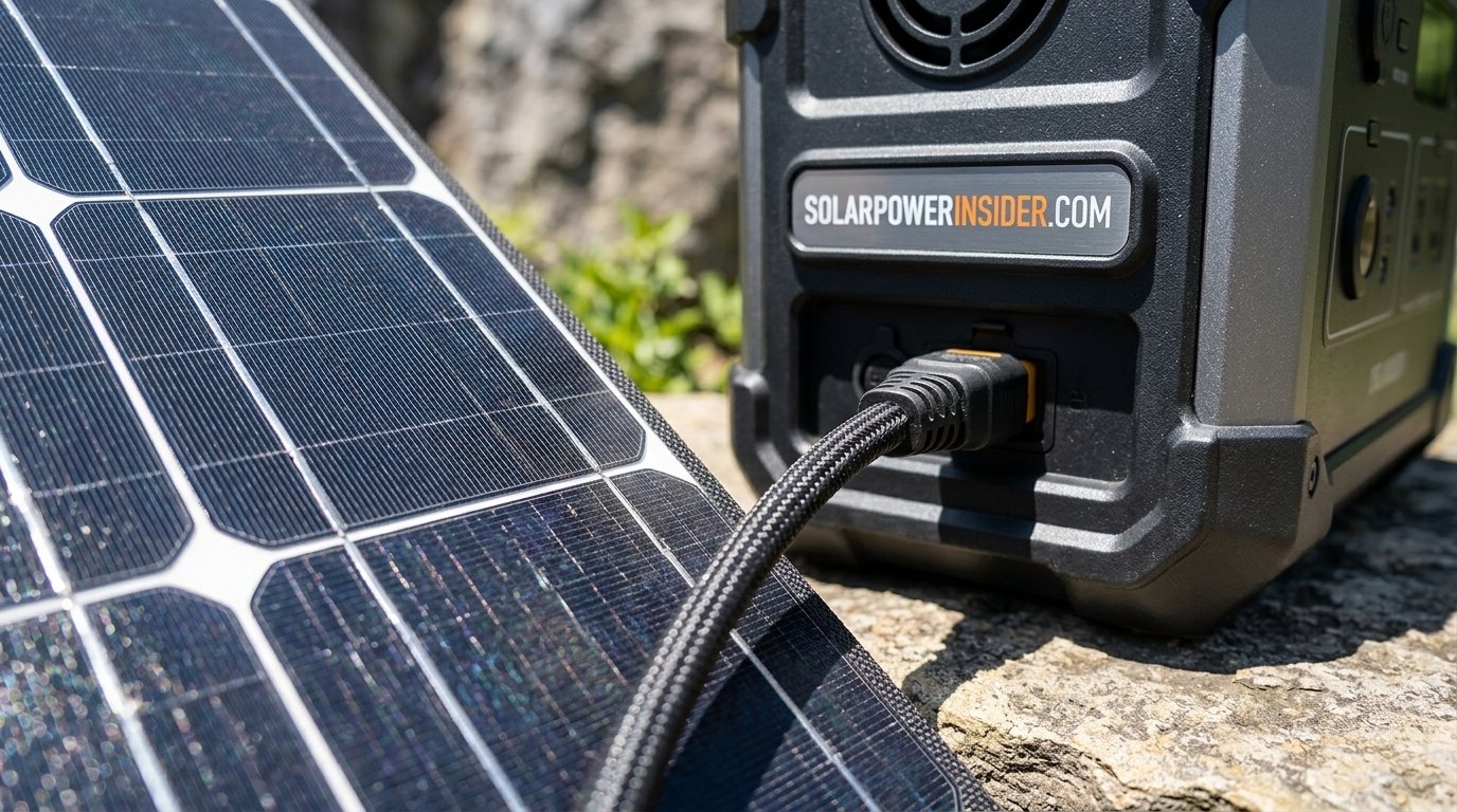 Close up of solar panel cells connected to a portable power station