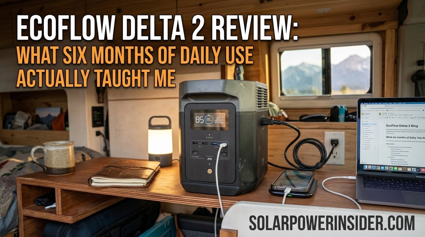 EcoFlow Delta 2 portable power station sitting on a countertop with display panel visible