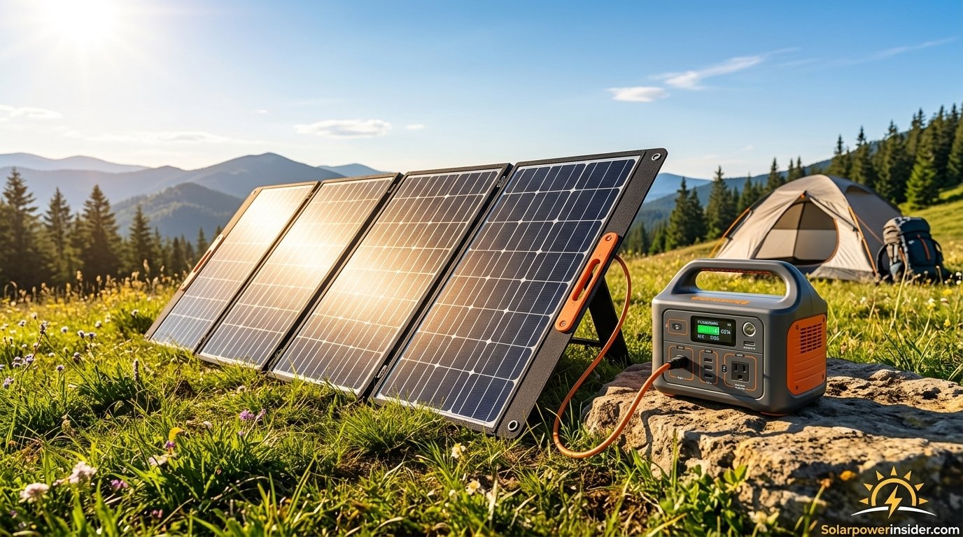 Portable solar generator charging outdoors with a folding solar panel under sunlight