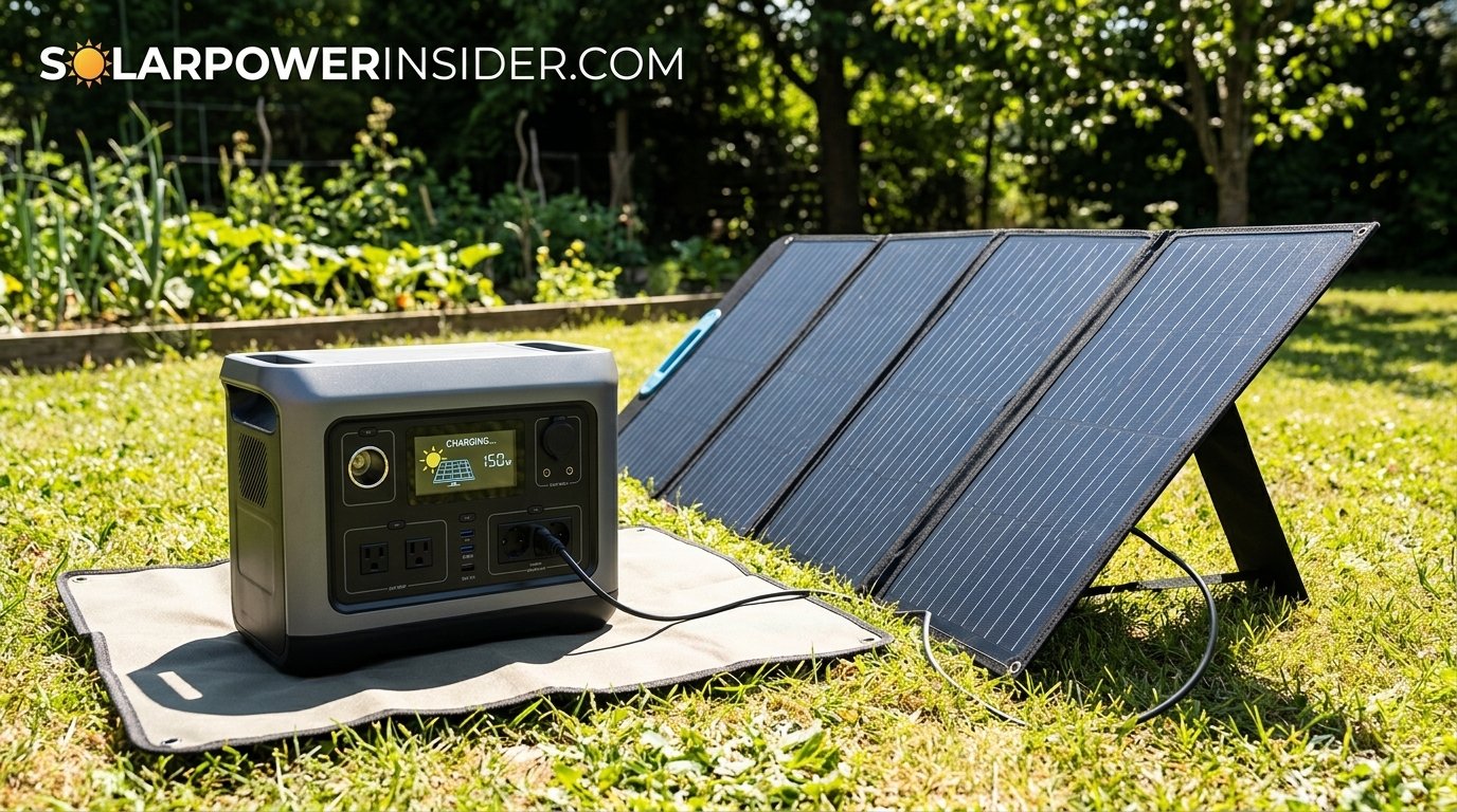 Portable solar generator charging under sunlight next to solar panels in an outdoor setting