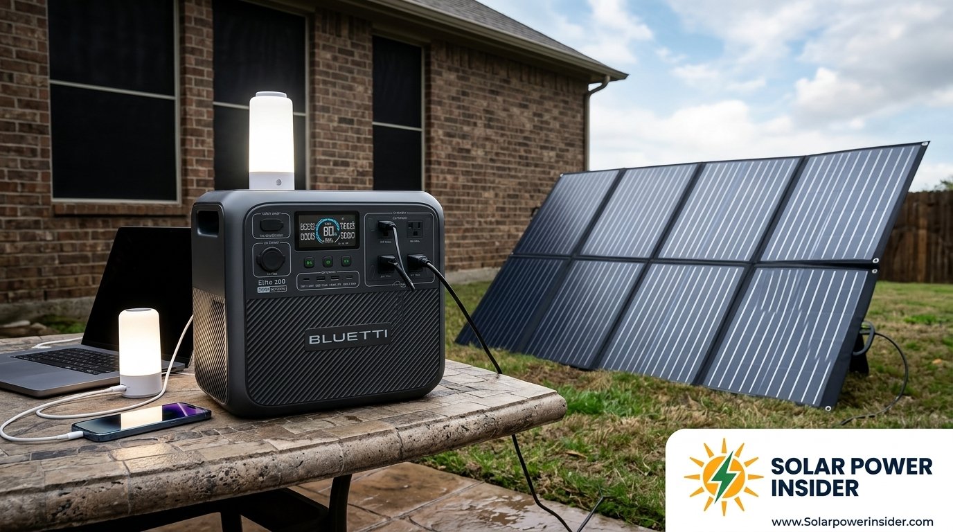 Portable solar power generator with foldable solar panel set up outdoors during a power outage