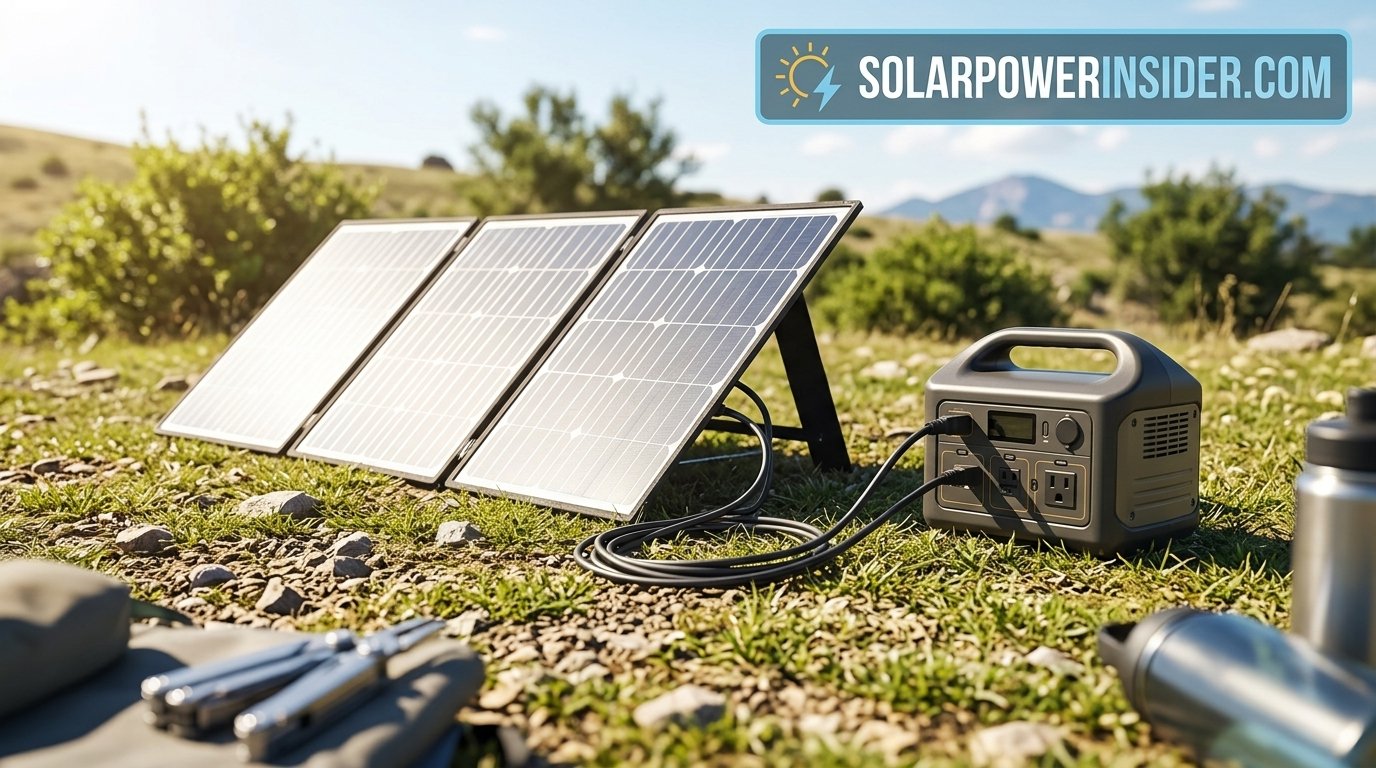 Row of portable solar panels folded out and connected to a solar generator battery pack
