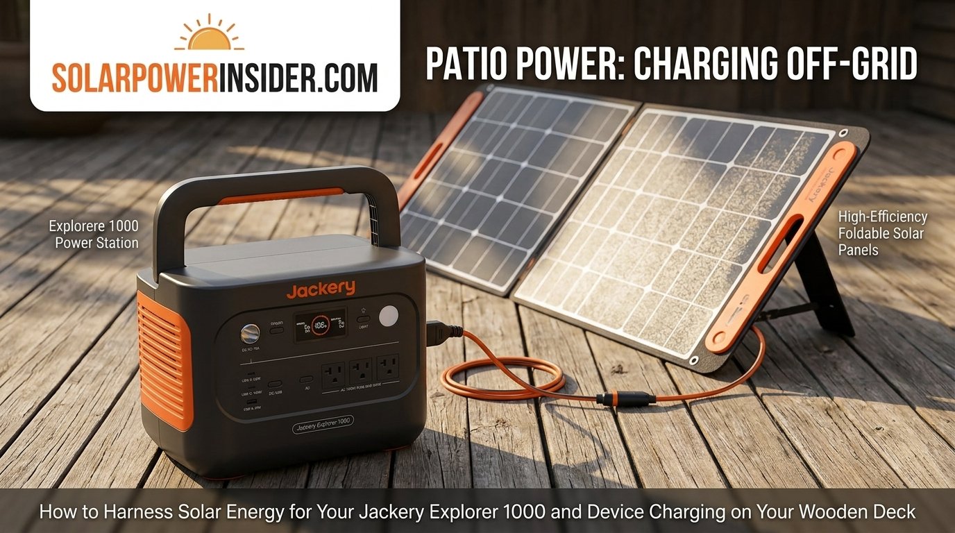 Solar panels charging a portable power station on a wooden deck