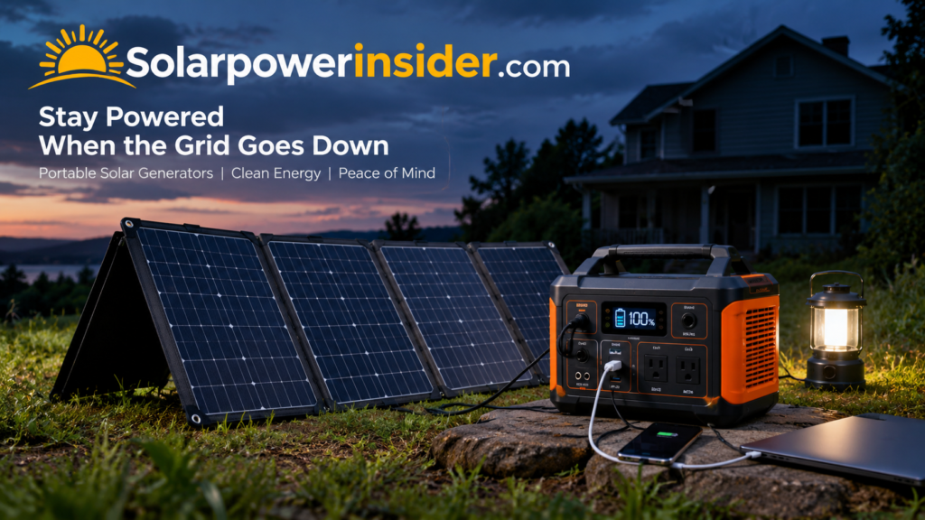 Portable solar generator with folding solar panel set up outdoors during a power outage