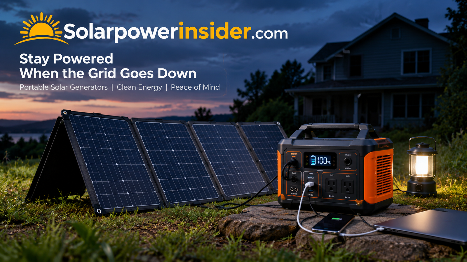 Portable solar generator with folding solar panel set up outdoors during a power outage