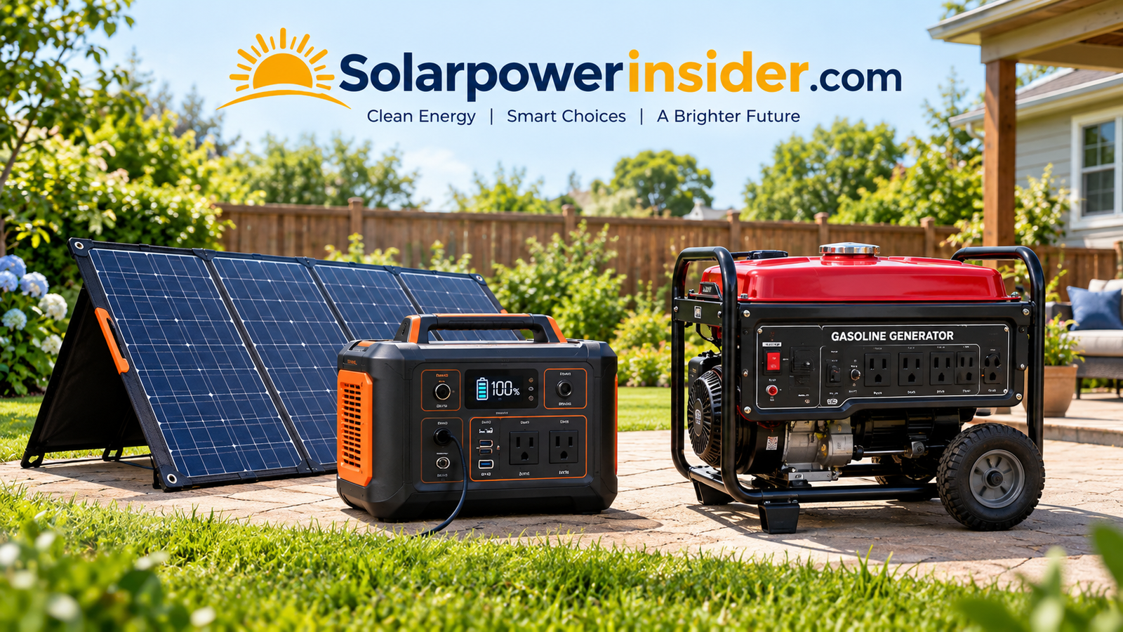 Solar generator and gas generator side by side in a backyard setting