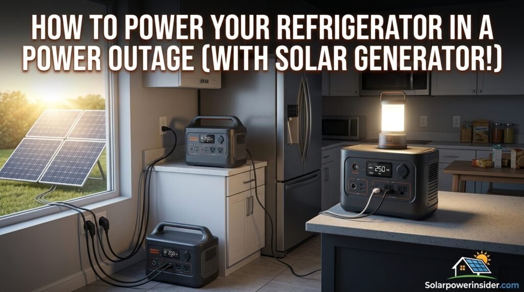 Solar generator powering a refrigerator in a home during a power outage