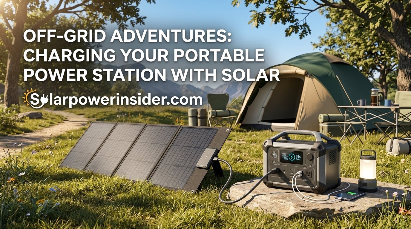 Solar panel charging a portable power station in a campsite setting