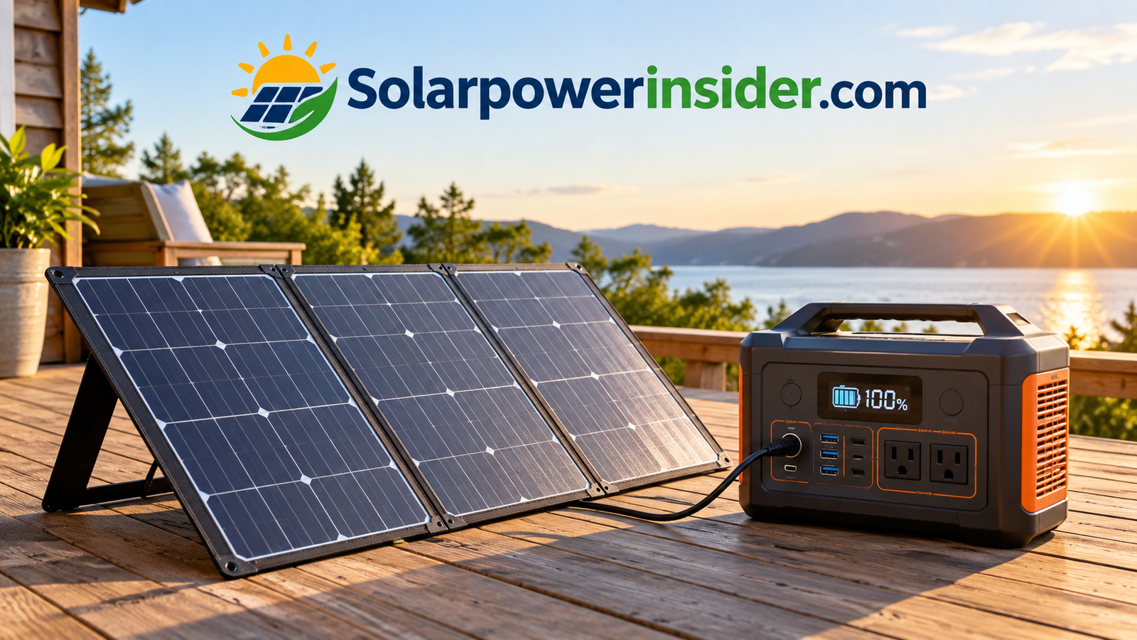 Solar panels charging a battery power station on a wooden deck