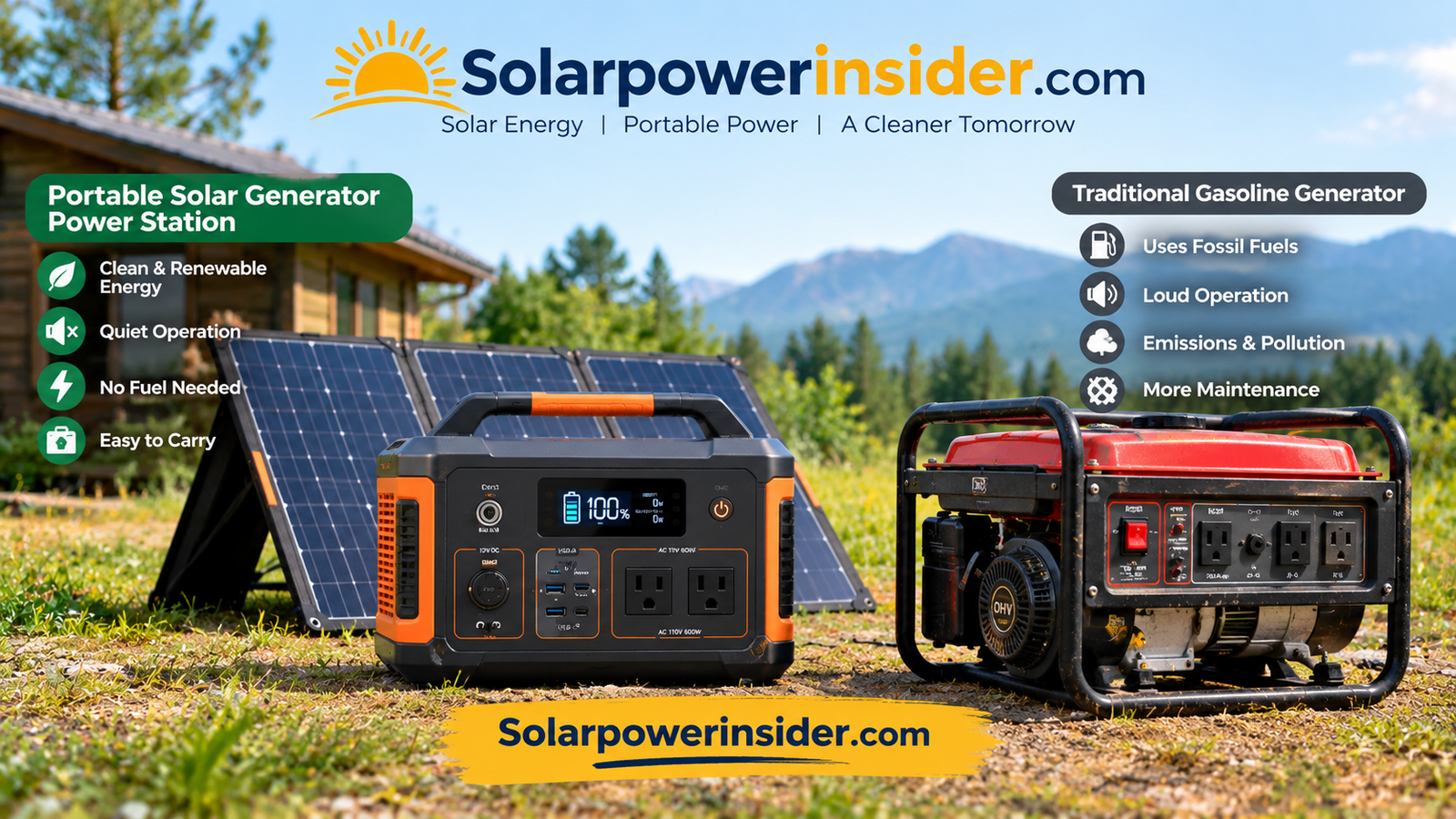 Portable solar generator power station next to a traditional gasoline generator